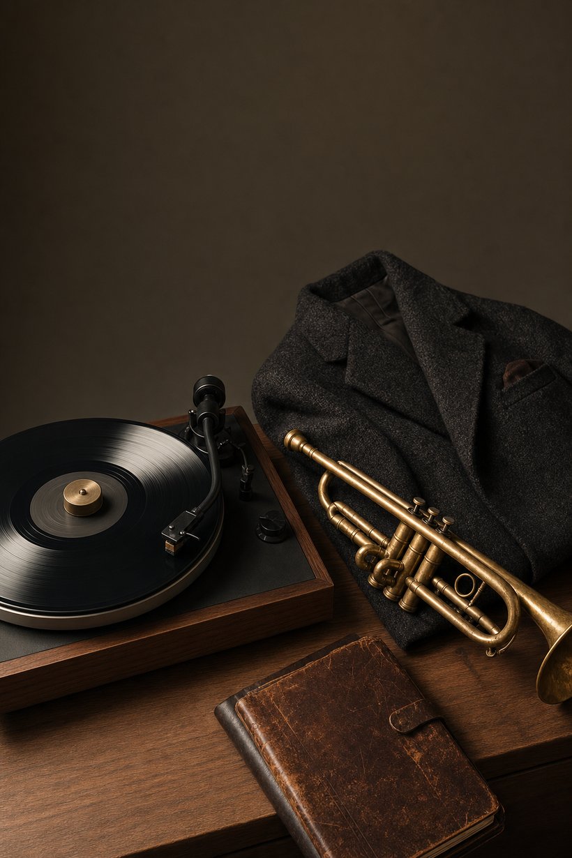 couverture jazz vision — platine, trompette, veste