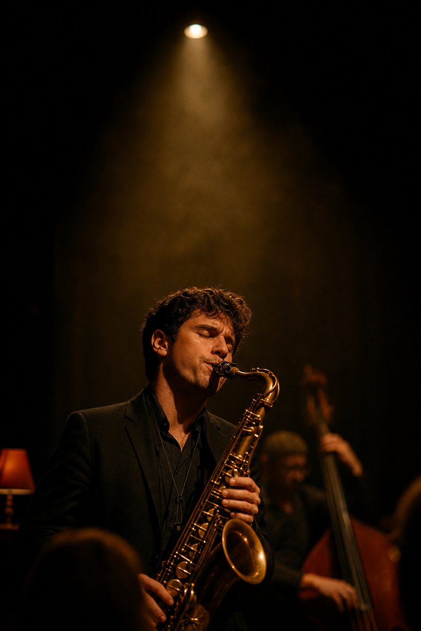 couverture jazz vision n°1 — saxophoniste sous un projecteur