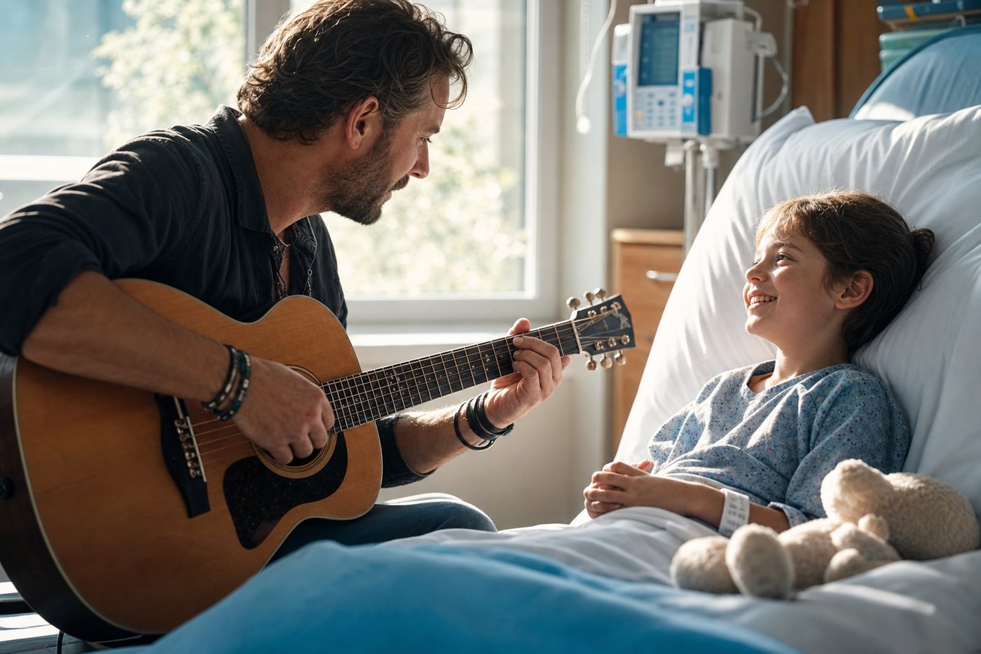 musicien au chevet d'une enfant à l'hôpital